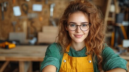 Female carpenter in a workshop wearing glasses smiling confidently. Generative AI