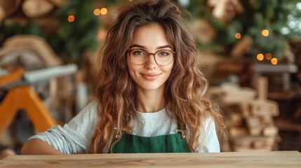 Portrait of a woman smiling in a woodshop with a green apron tools in the background. Generative AI
