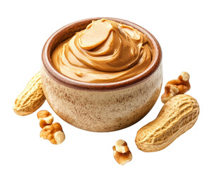 Creamy peanut butter in rustic bowl surrounded by peanuts and walnuts, perfect for spreading or cooking. delicious and nutritious addition to any meal