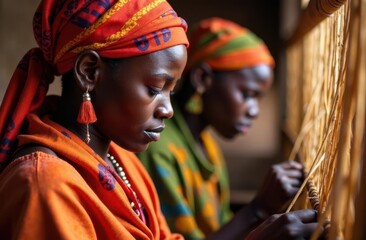 Obraz premium Women engaged in traditional weaving in a cultural workshop setting