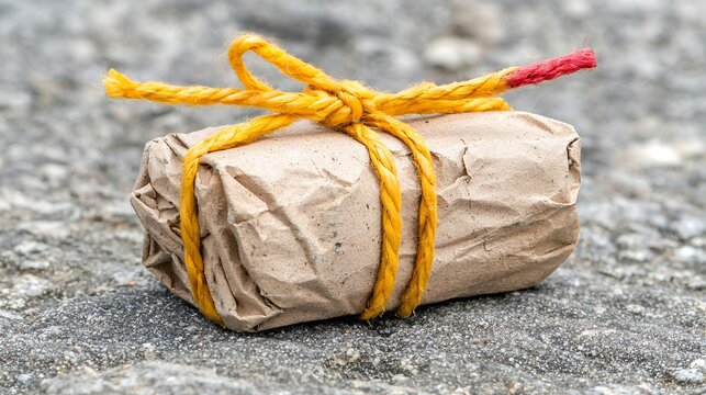 Small Brown Paper Package Tied with Yellow Rope on Gray Surface