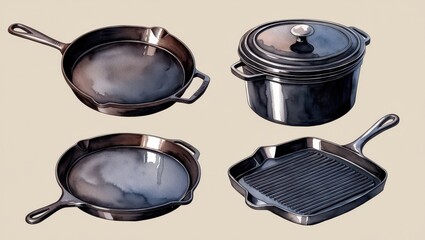Watercolor Illustration of Cast Iron Cookware Skillet Grill Pan and Dutch Oven