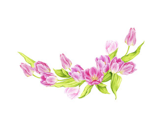 Watercolor wreath of pink tulips. Composition for postcards, greeting cards, posters, invitations. Spring, Wedding, Mother's Day, Easter, Women's Day, Birthday. Hand drawn illustration.
