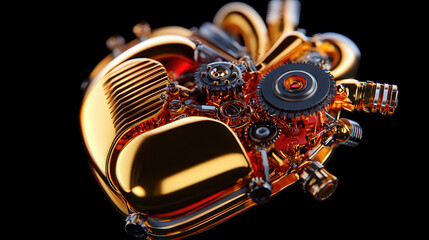 steampunk inspired titanium heart featuring intricate gears and mechanical components, showcasing blend of artistry and engineering. golden finish adds striking visual appeal
