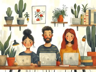 Minimalistic Illustration of People Engaging in Daily Work Activities on White Background
