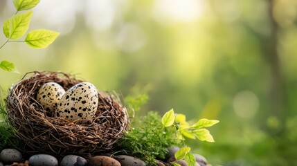 Colorful speckled Easter eggs with delicate spring flowers on a white background, ideal for seasonal decorations, festive greeting cards, or spring-themed marketing materials.