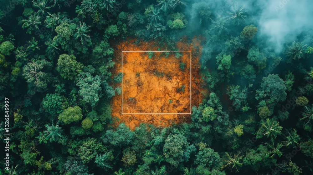 Poster aerial monitoring captures a section of forest undergoing clearing amid dense tropical greenery. thi