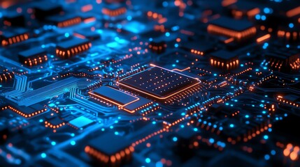 Fototapeta premium Abstract digital technology presentation featuring a futuristic circuit board with neon blue elements and interconnected electronic components for modern tech advancements