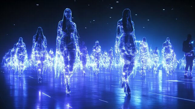 A futuristic AIdesigned fashion show, with morphing holographic outfits