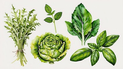 Obraz premium Watercolor Illustration of Fresh Green Herbs and Vegetables Arugula Cabbage Basil Mint Bok Choy
