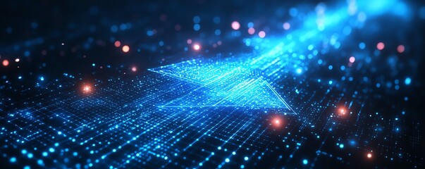 Fototapeta premium Abstract glowing blue arrow with neon lighting effects and a grid pattern on a deep blue background, symbolizing hightech concepts and digital evolution