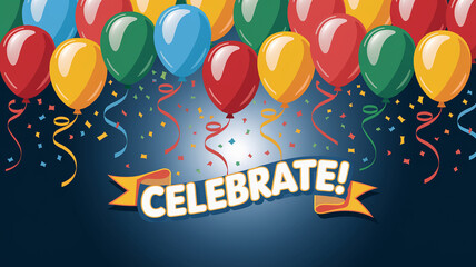 Colorful balloons and confetti floating against dark background, with "Celebrate" banner, showcasing festive and joyful atmosphere, ideal for celebrations, party invitations, Happy Birthday background