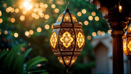 Illuminated ornamental lantern glowing amidst greenery