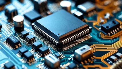 Intricate close-up of a computer chip on circuit board