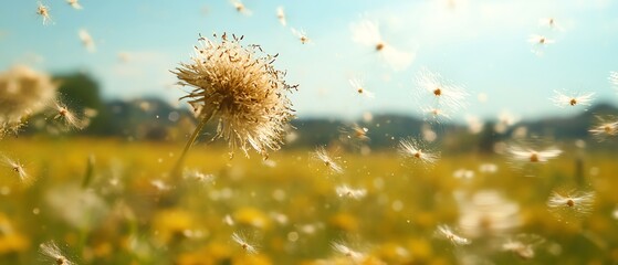 Macro shot of pollen dispersal in a field, highlighting allergens, airborne particles, and their effects on health, focusing on environmental disease management