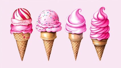 Delicious Pink Ice Cream Cones Watercolor Illustration of Four Sweet Treats