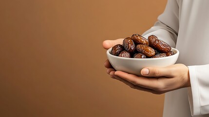 A Muslim Man is Holding a Bowl of Dates on Brown Background : Suitable for Be Used in Blog Posts, Social Media Posts or Website Content Related to Food, Islamic and Ramadan Theme.