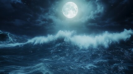 Moonlit ocean waves crash under a dark, cloudy sky.
