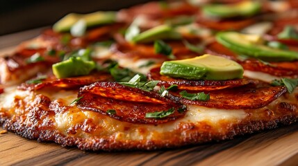 Close-up of a pepperoni pizza with avocado slices and fresh herbs on a wooden surface. Generative AI