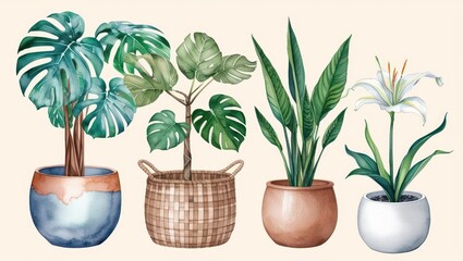 Obraz premium Watercolor Illustration of Houseplants Monstera Bird of Paradise Lily More in Stylish Pots