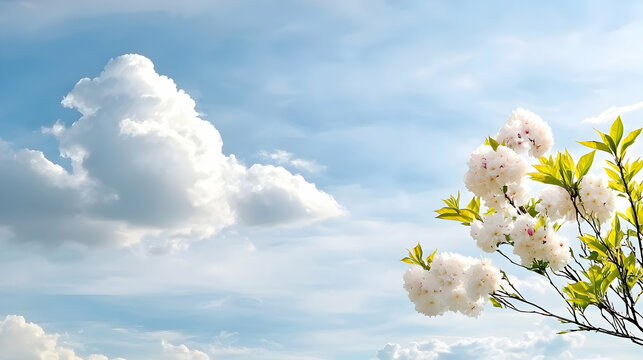 Beautiful white flowers bloom against a backdrop of blue sky and clouds