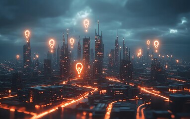 Fototapeta premium Minimalist futuristic cityscape with glowing geolocation pins floating above buildings, sleek and modern design, photorealistic, 8K ultraHD