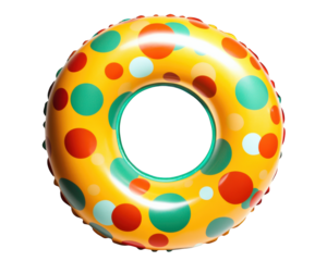 vibrant inflatable swim ring featuring polka dot pattern in yellow, red, and green colors, perfect for summer fun and pool activities