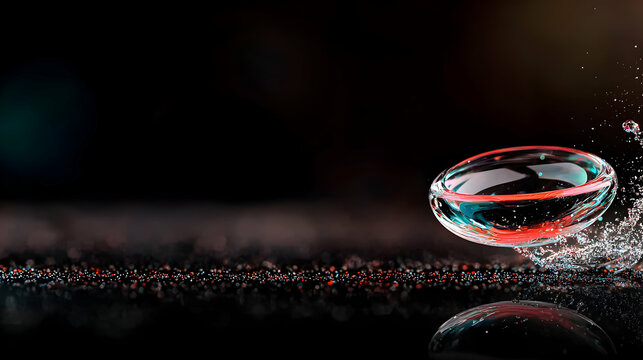 A clear lens floating with water splashes against black background