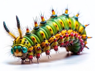 Obraz premium Exotic Caterpillar, Vibrant Insect Closeup, Isolated White Background, Drone Photography