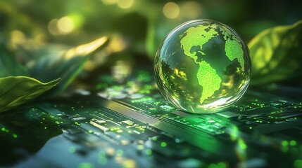 Digital green earth on circuit board representing environmental technology