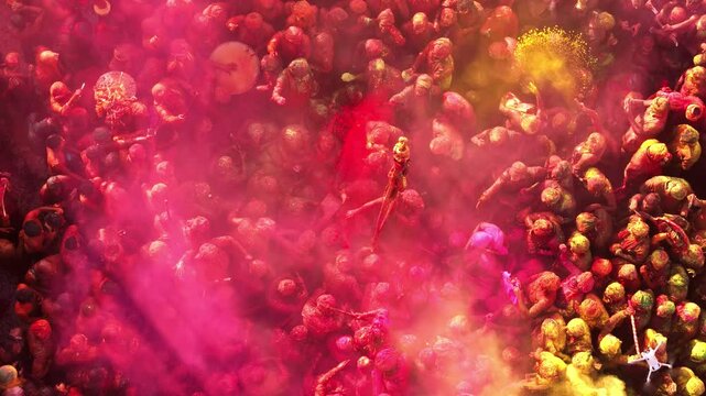 drone video of indians playing holi in barsana