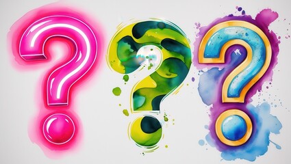 Obraz premium Colorful Artistic Question Marks Pink Green Blue Watercolor Design Inquiry Concept