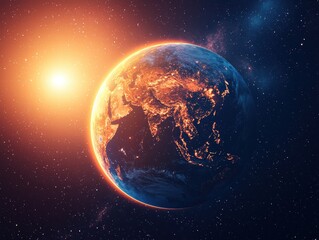 Obraz premium Captivating view of earth floating in space against a minimalist cosmic background featuring a bright celestial glow
