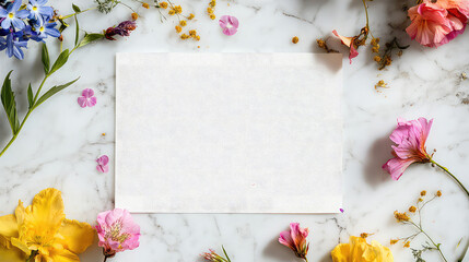 Blank Card with Colorful Flowers on Marble Background