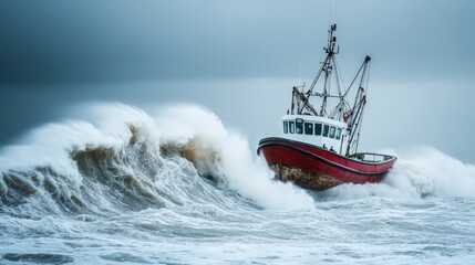 A small fishing boat battling against giant waves as the storm takes over the sea