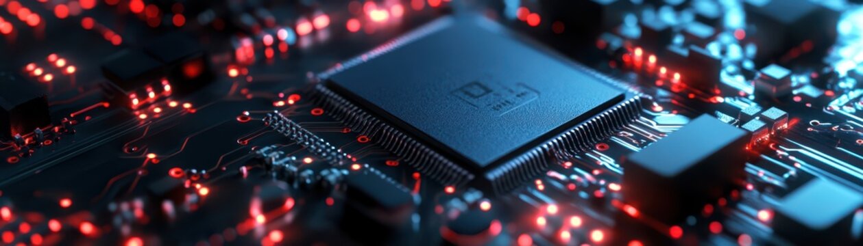 Closeup of AI microprocessor with embedded circuits, artificial intelligence revolution