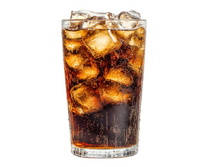 Chilled carbonated beverage with ice cubes in glass, refreshing and fizzy. Perfect for hot days or gatherings. Enjoy bubbly sensation