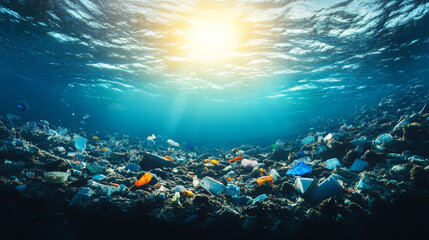 Naklejka premium A large body of water with a lot of plastic debris floating on the surface