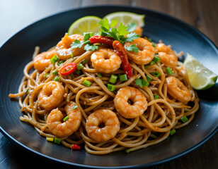 thai food spaghetti with shrimps