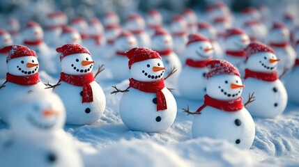 A snowman army standing in perfect formation, ready for a friendly snowball fight