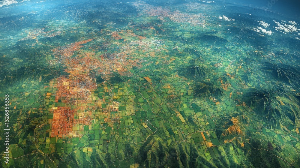 Aufkleber Comprehensive monitoring of a diverse terrain showcases the contrast between urban centers and agricultural areas. This view highlights geospatial features and land usage patterns.