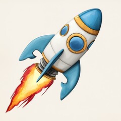 Retro Blue and White Rocket Ship Launching Illustration