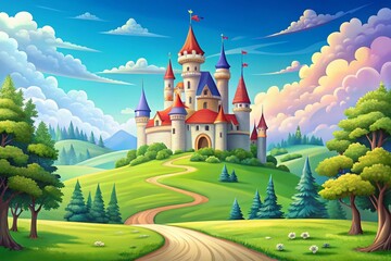 Naklejka premium Fairytale Castle Meadow Landscape: Magical Royal Palace in Fantasy Kingdom