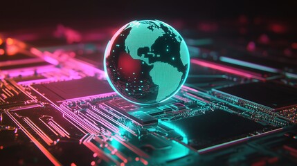 Futuristic digital globe on circuit board representing global technology