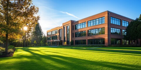Modern School Building with Bright Green Lawn
