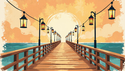 Obraz premium Handcrafted lanterns swaying on wooden pier at sunset, cozy ambiance
