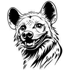 A Cheerful Hyena Portrait Black and White Line Art Depicting a Happy Hyena Smiling Joyfully Against a White Background