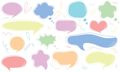 Colorful speech bubbles designs set in shape of heart, star. Abstract speech bubbles. Pastel color message box designs. Hand drawn vector illustration in flat style. Dialogue element.