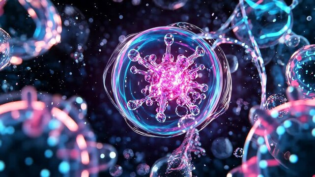 Vibrant purple visualization of a cell structure with glowing nucleus, atom on black background, sphere