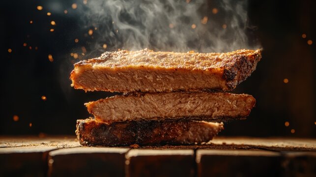 Three enticing slices of smoky, grilled meat are stacked upright, highlighting their tender quality and crispy exterior, evoking a sense of hearty satisfaction.
